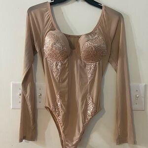 Bronze Elegant Lace Long Sleeve Bodysuit Size S/M